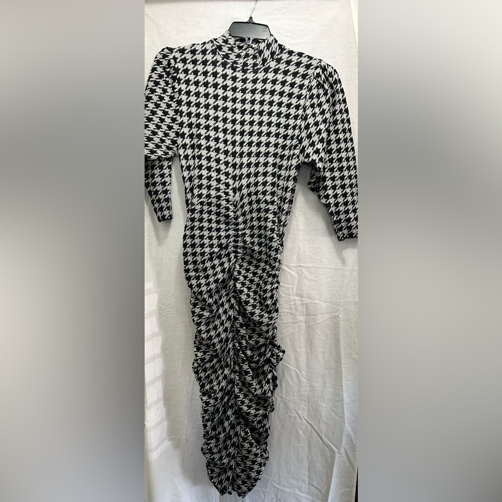 Zara Jacquard Ruched Draped Houndstooth Dress - Picture 9 of 16